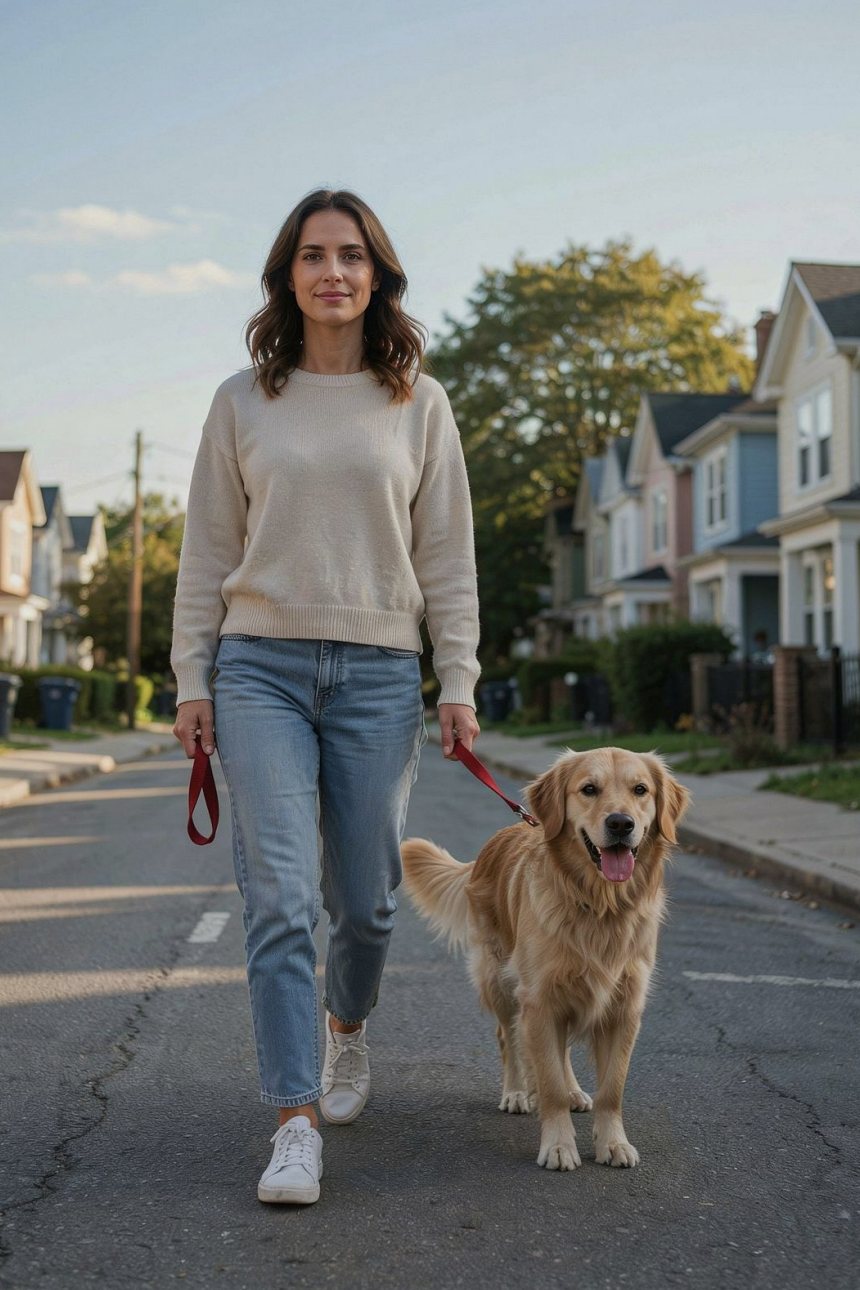 Owner walking her dog calmly through a neighbourhood street